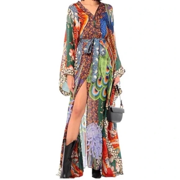Bohemian Colorful Peacock Dragon Kimono Duster w/Sash Tie festival kaftan dress - Picture 3 of 8